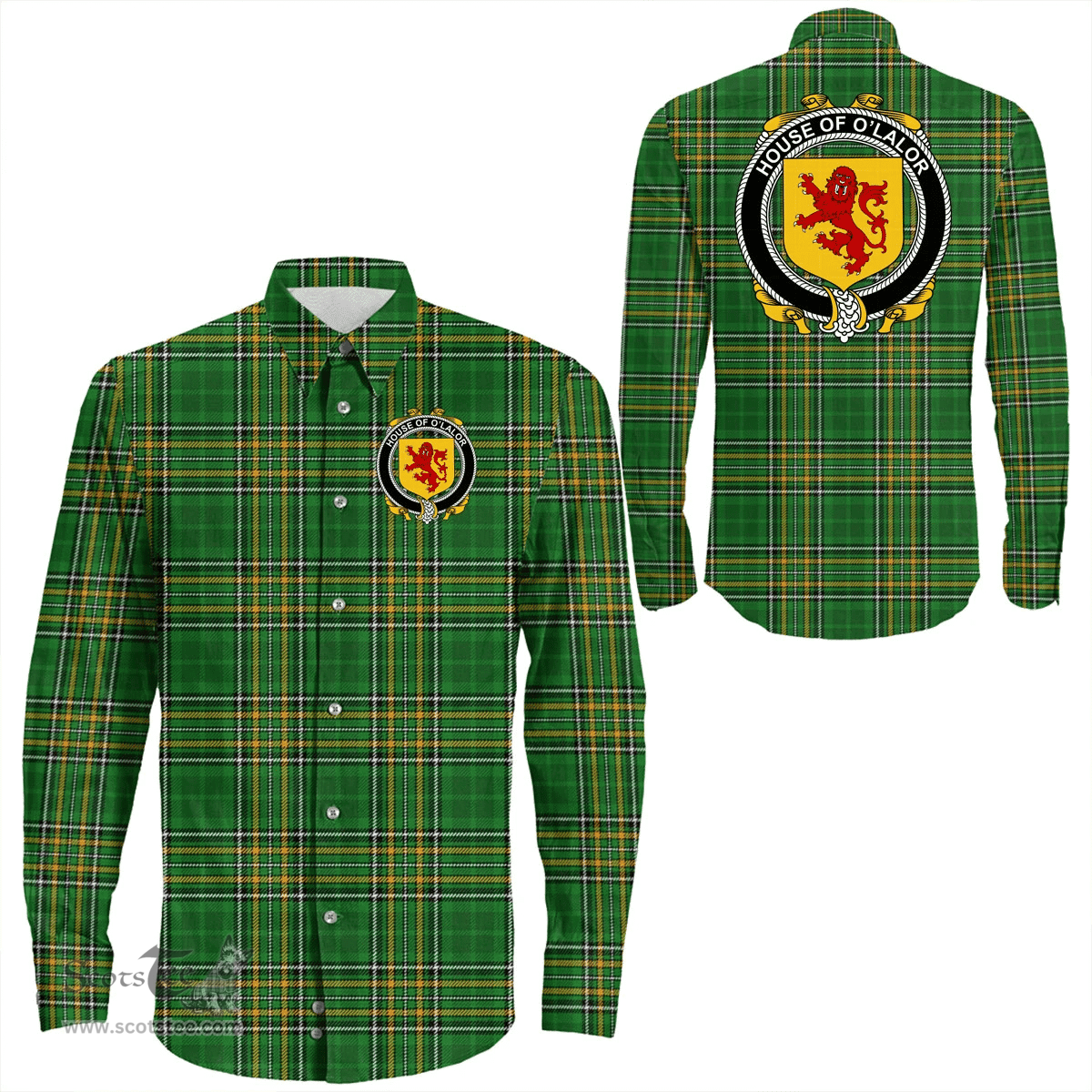 Irish House of O'LALOR Coat of Arms Family Crest Ireland Long Sleeve Button Shirt Irish National Tartan Irish County Shirts