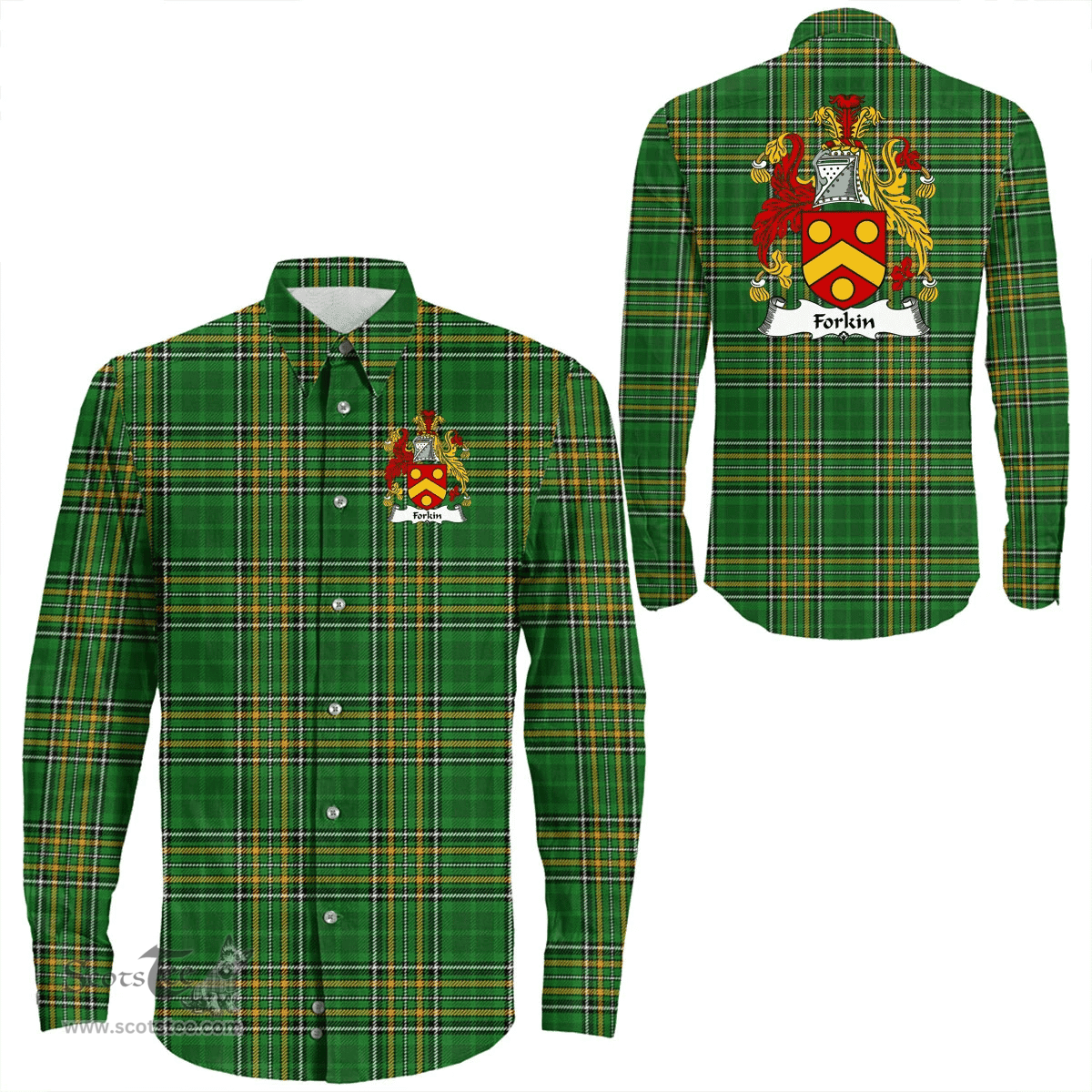 Irish Forkin Coat of Arms Family Crest Ireland Long Sleeve Button Shirt Irish National Tartan Irish County Shirts