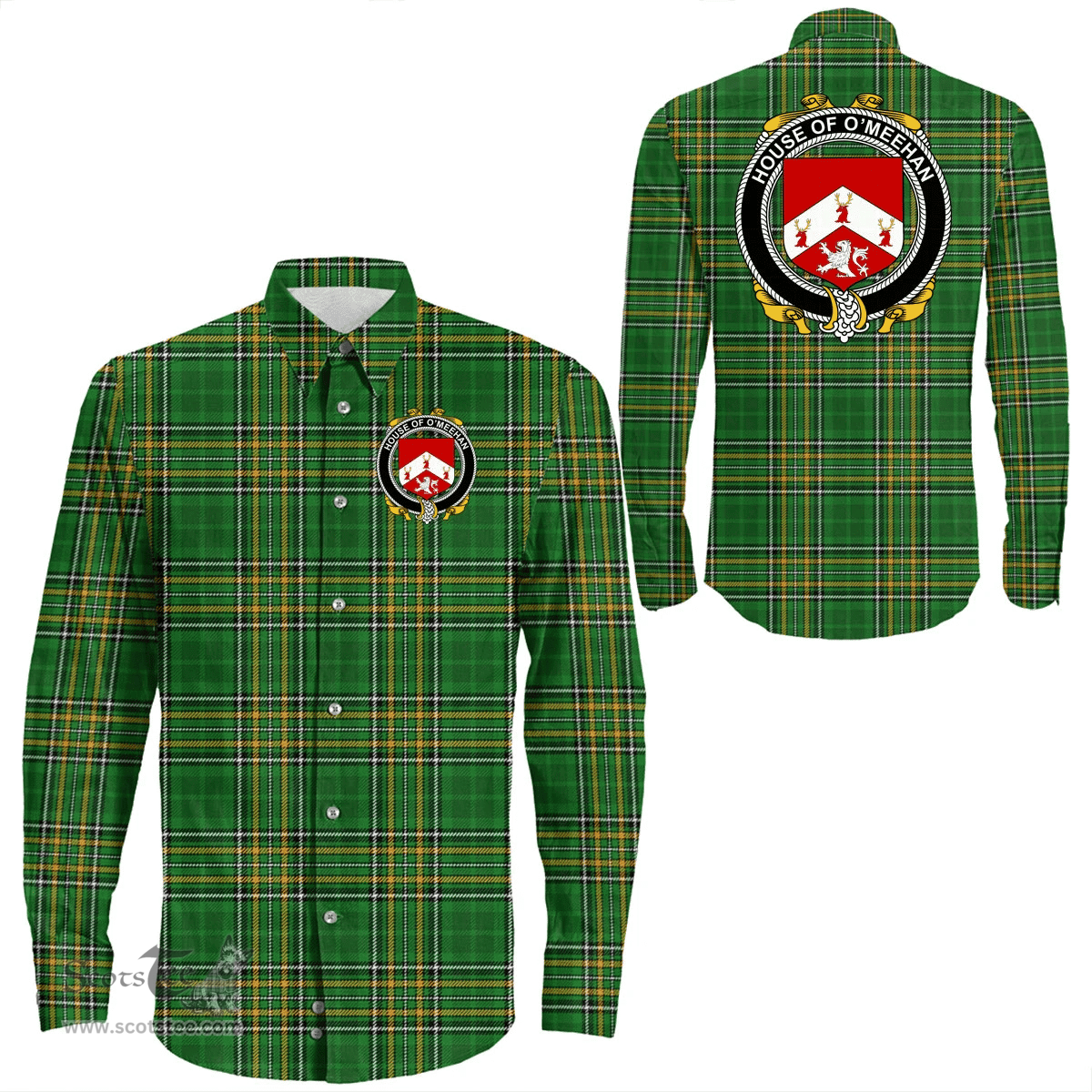 Irish House of O'MEEHAN Coat of Arms Family Crest Ireland Long Sleeve Button Shirt Irish National Tartan Irish County Shirts