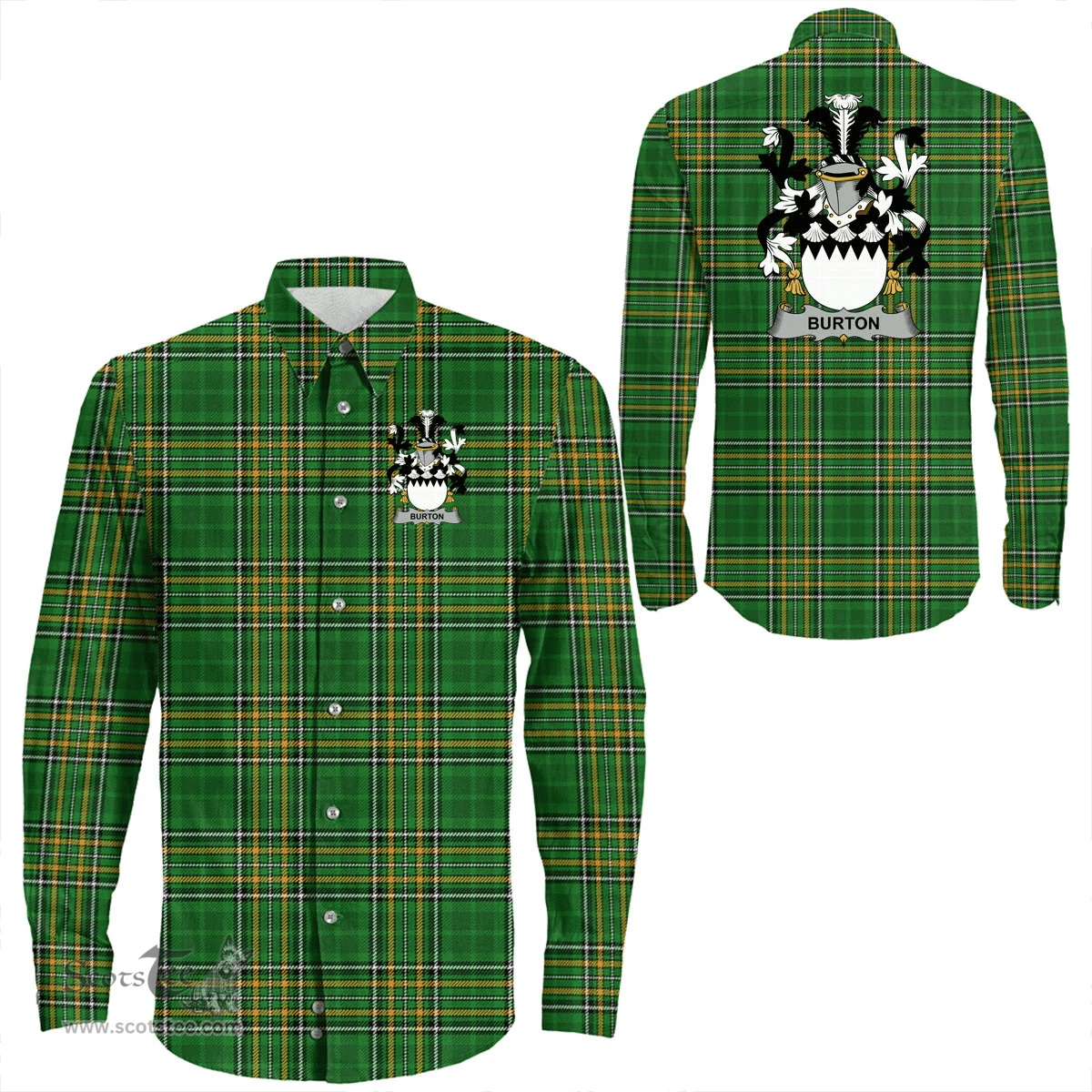 Irish Burton Coat of Arms Family Crest Ireland Long Sleeve Button Shirt Irish National Tartan Irish County Shirts