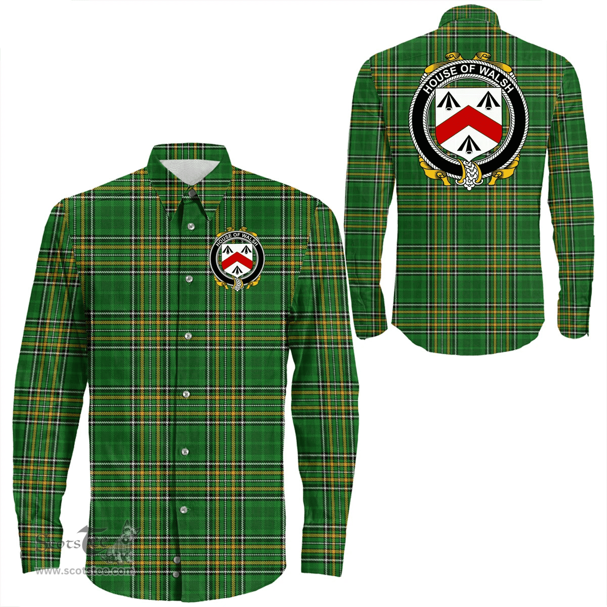 Irish House of WALSH Coat of Arms Family Crest Ireland Long Sleeve Button Shirt Irish National Tartan Irish County Shirts