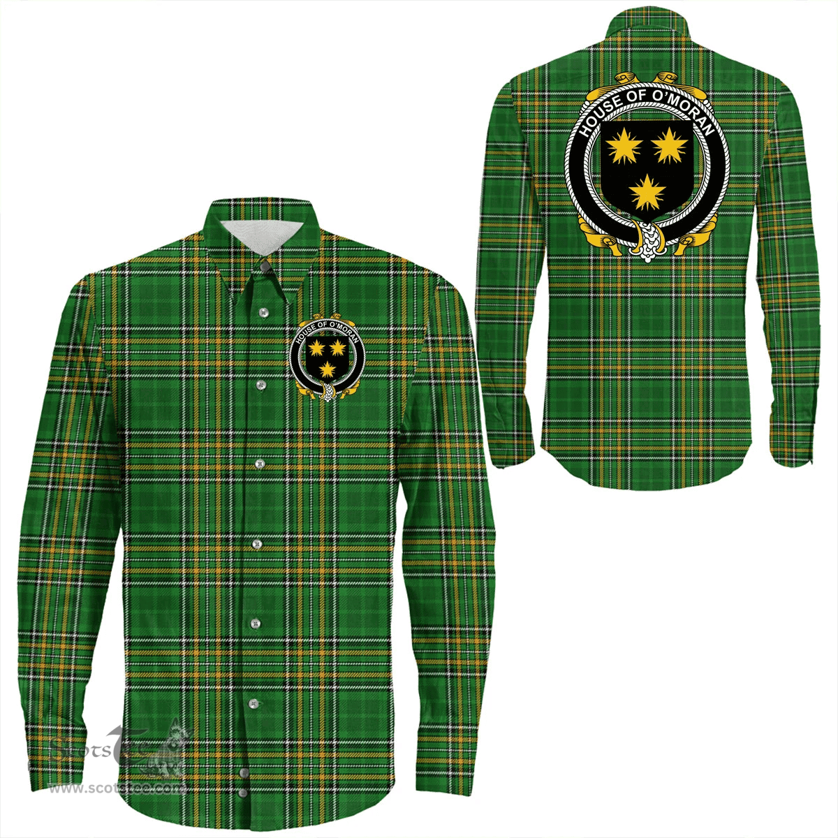 Irish House of O'MORAN Coat of Arms Family Crest Ireland Long Sleeve Button Shirt Irish National Tartan Irish County Shirts