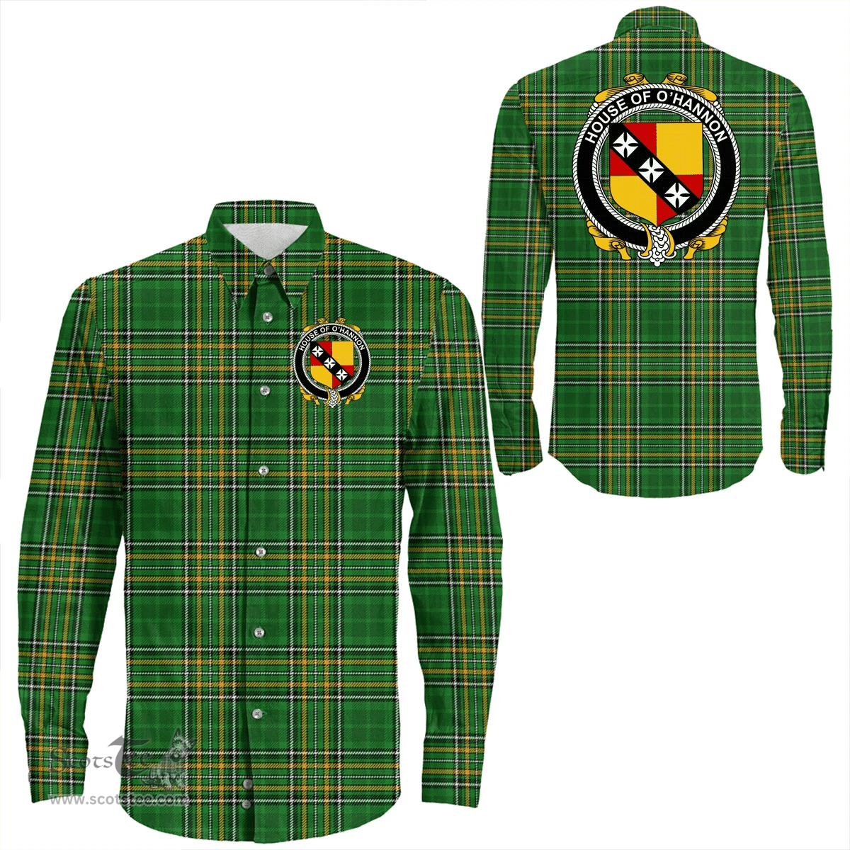 Irish House of O'HANNON Coat of Arms Family Crest Ireland Long Sleeve Button Shirt Irish National Tartan Irish County Shirts