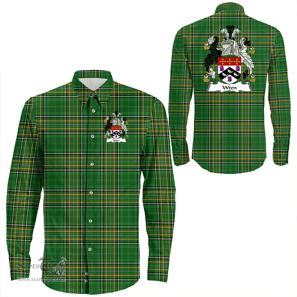 Irish Wren or Wrenn Coat of Arms Family Crest Ireland Long Sleeve Button Shirt Irish National Tartan Irish County Shirts
