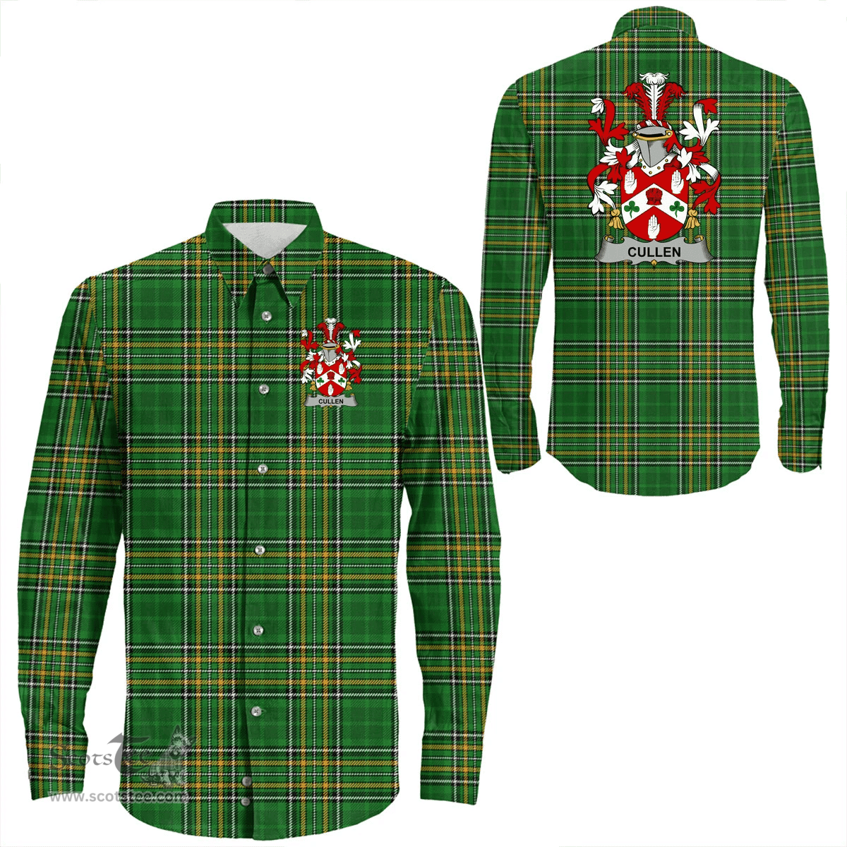 Irish Cullen or O'Cullen Coat of Arms Family Crest Ireland Long Sleeve Button Shirt Irish National Tartan Irish County Shirts
