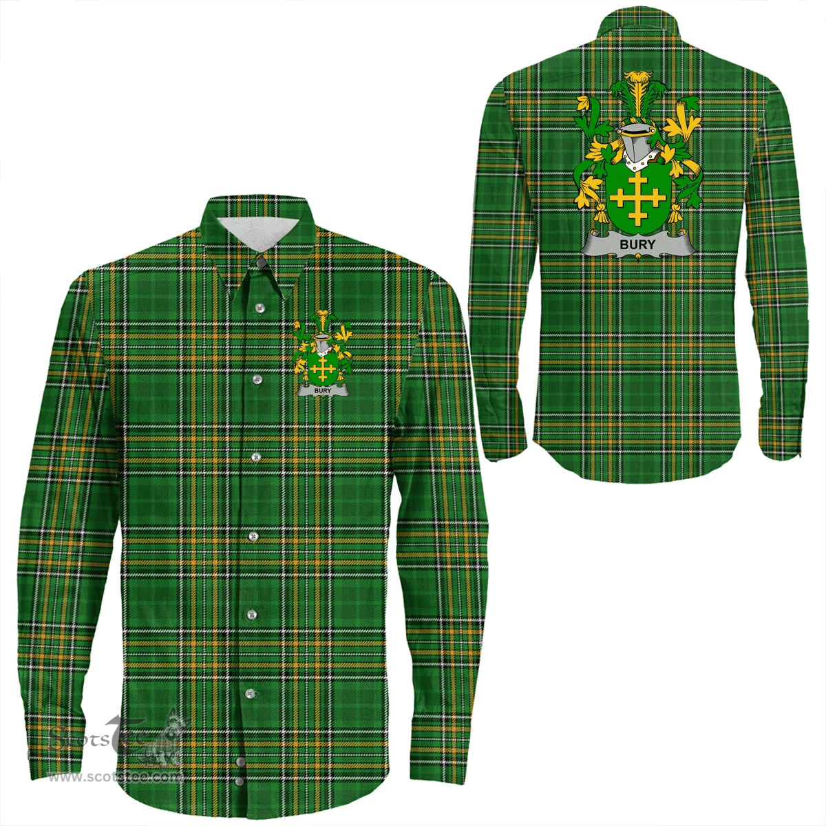 Irish Bury or Berry Coat of Arms Family Crest Ireland Long Sleeve Button Shirt Irish National Tartan Irish County Shirts