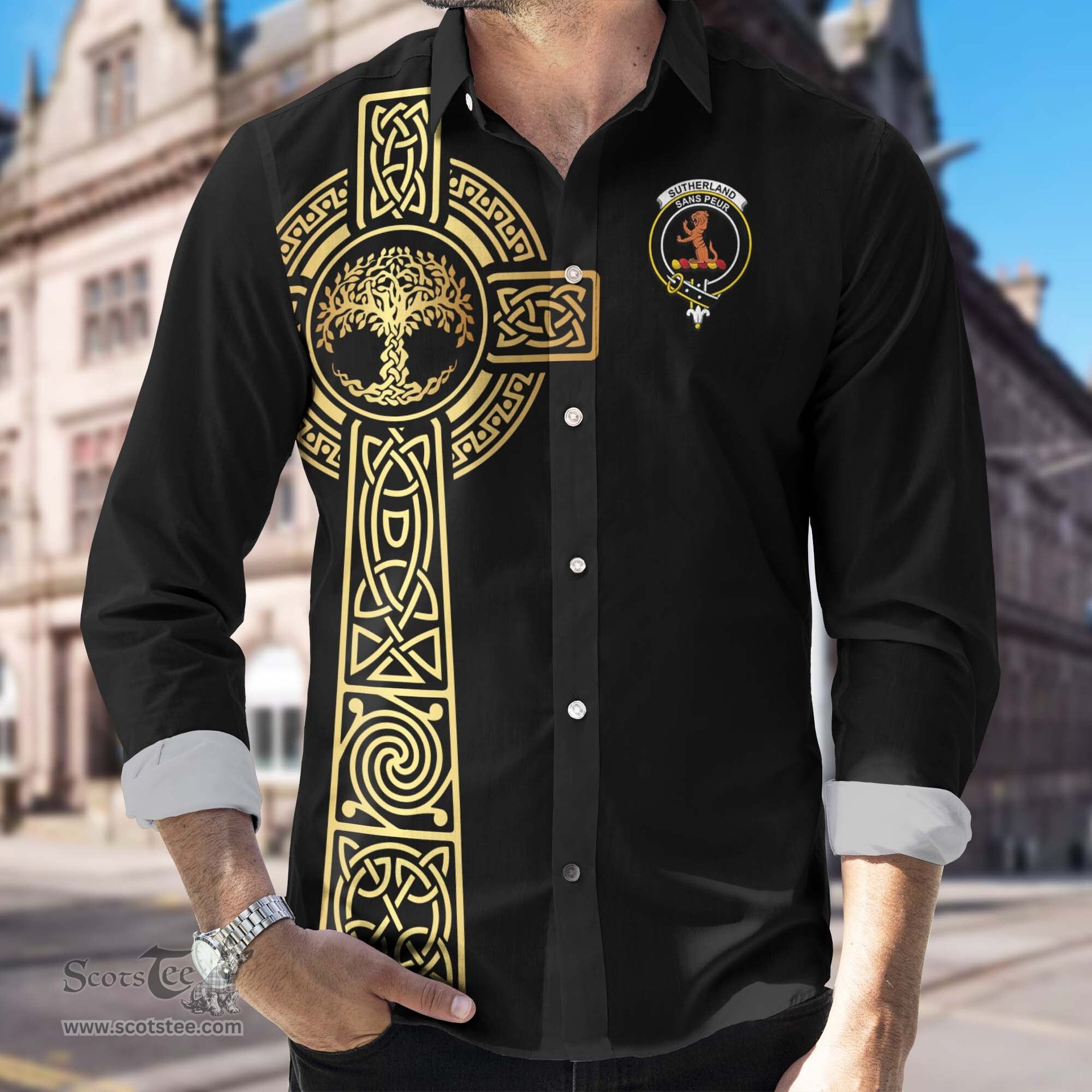 ScotsTee Shop Scottish Sutherland Clan Crest Tartan Golden Celtic Tree Of Life Long Sleeve Shirt