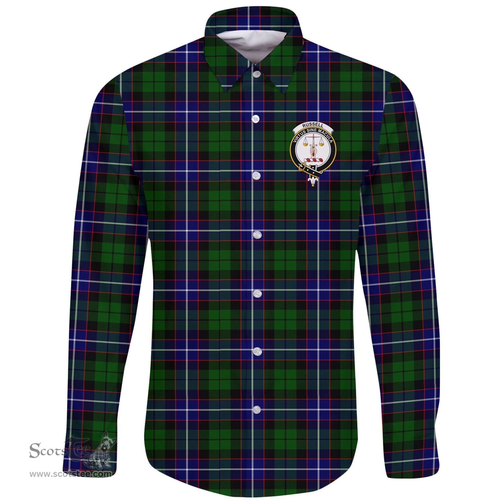 Scottish Russell Modern Clan Tartan Long Sleeve Button Shirt - Crest Classic Scottish Plaid Tartan Plaid