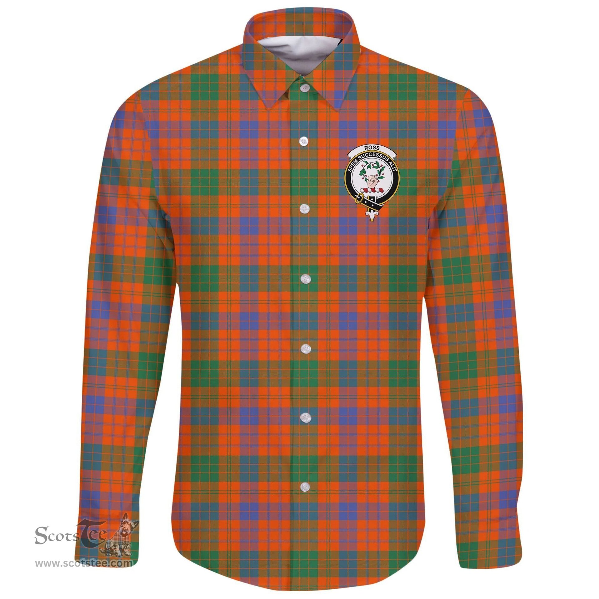 Scottish Ross Ancient Clan Tartan Long Sleeve Button Shirt - Crest Classic Scottish Plaid Tartan Plaid