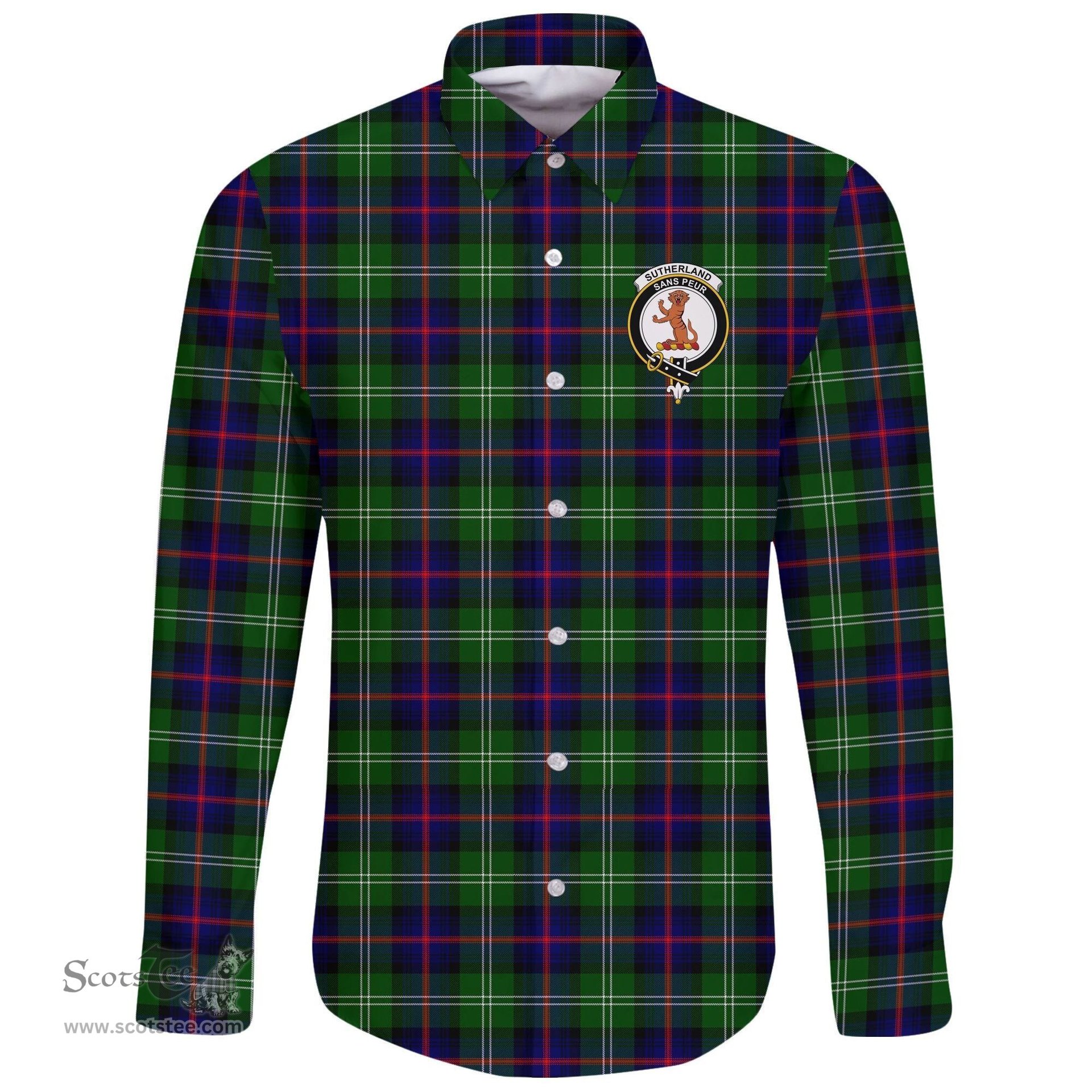 Scottish Sutherland Modern Clan Tartan Long Sleeve Button Shirt - Crest Classic Scottish Plaid Tartan Plaid