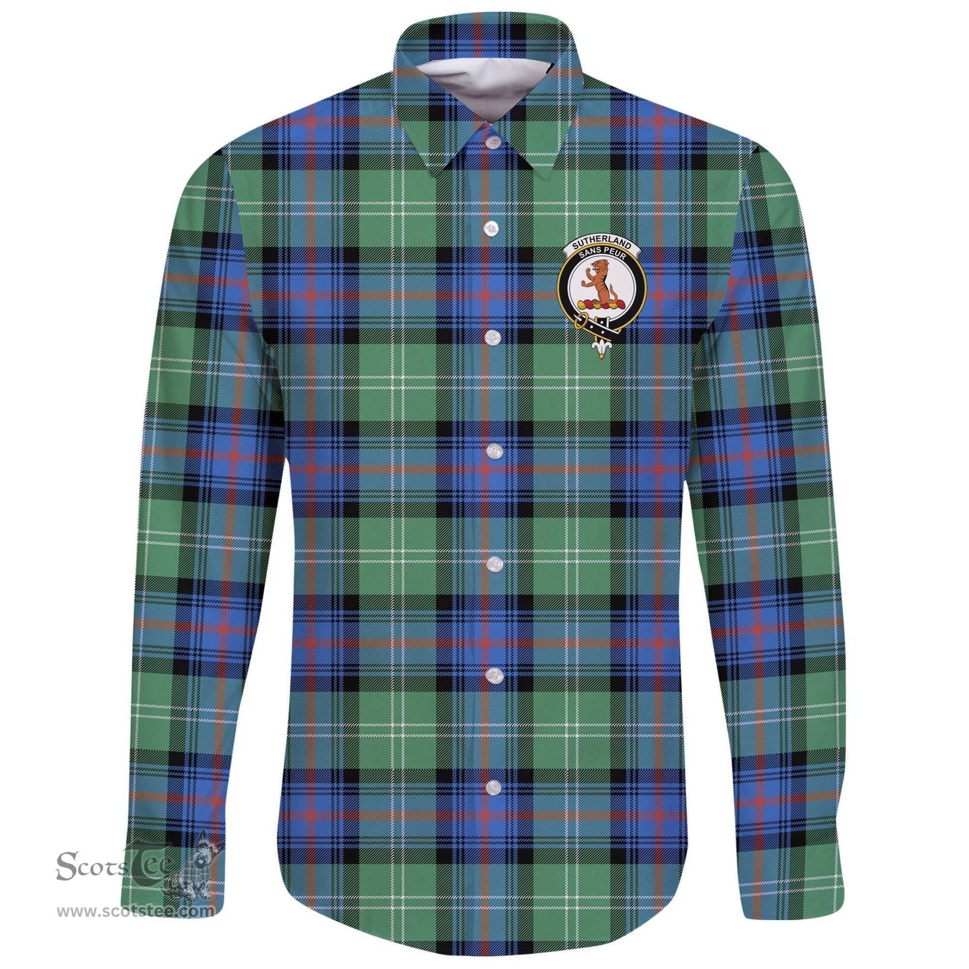 Scottish Sutherland Old Ancient Clan Tartan Long Sleeve Button Shirt - Crest Classic Scottish Plaid Tartan Plaid