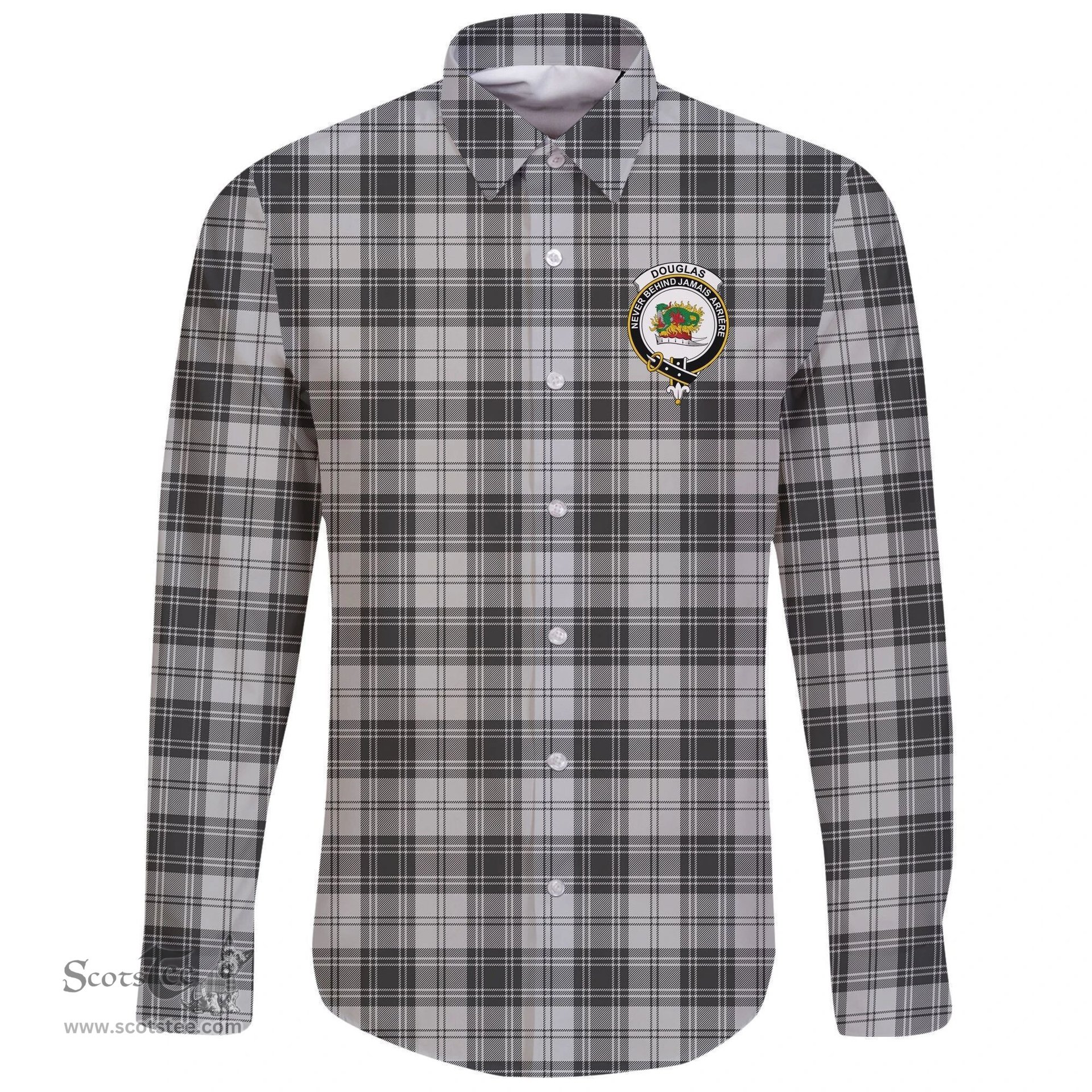 Scottish Douglas Grey Modern Clan Tartan Long Sleeve Button Shirt - Crest Classic Scottish Plaid Tartan Plaid