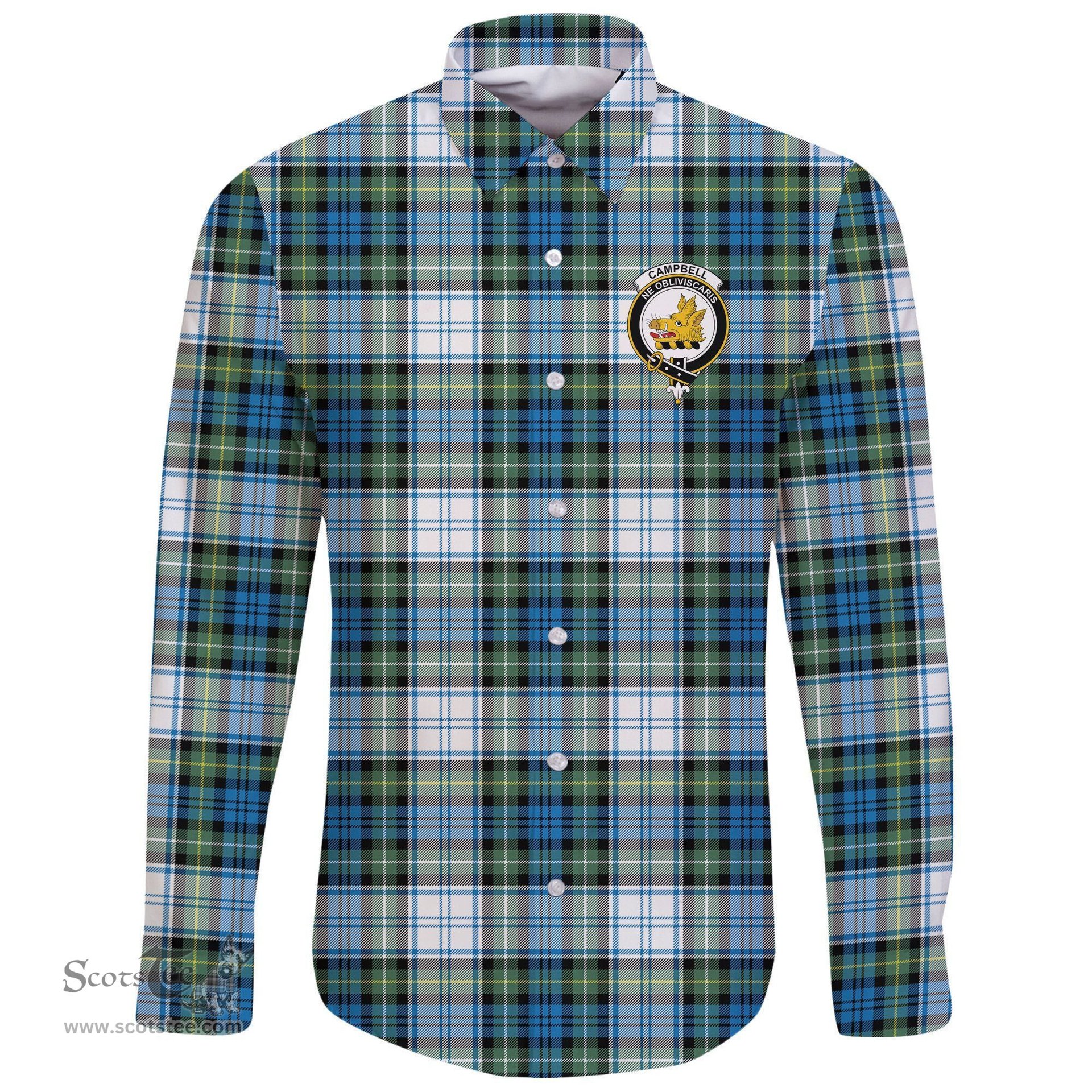 Scottish Campbell Dress Ancient Clan Tartan Long Sleeve Button Shirt - Crest Classic Scottish Plaid Tartan Plaid