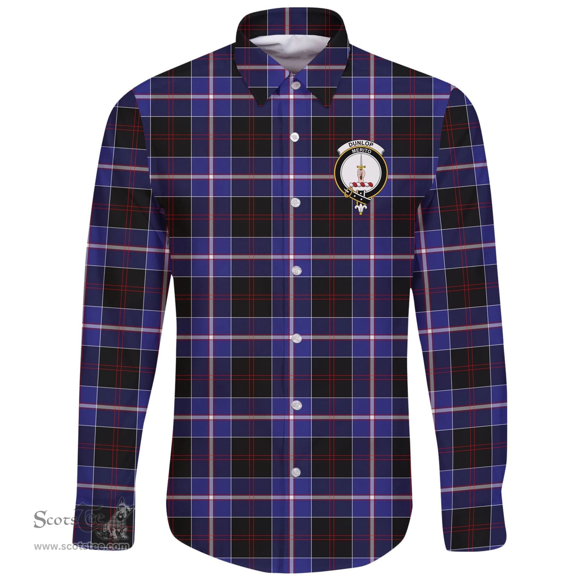 Scottish Dunlop Modern Clan Tartan Long Sleeve Button Shirt - Crest Classic Scottish Plaid Tartan Plaid