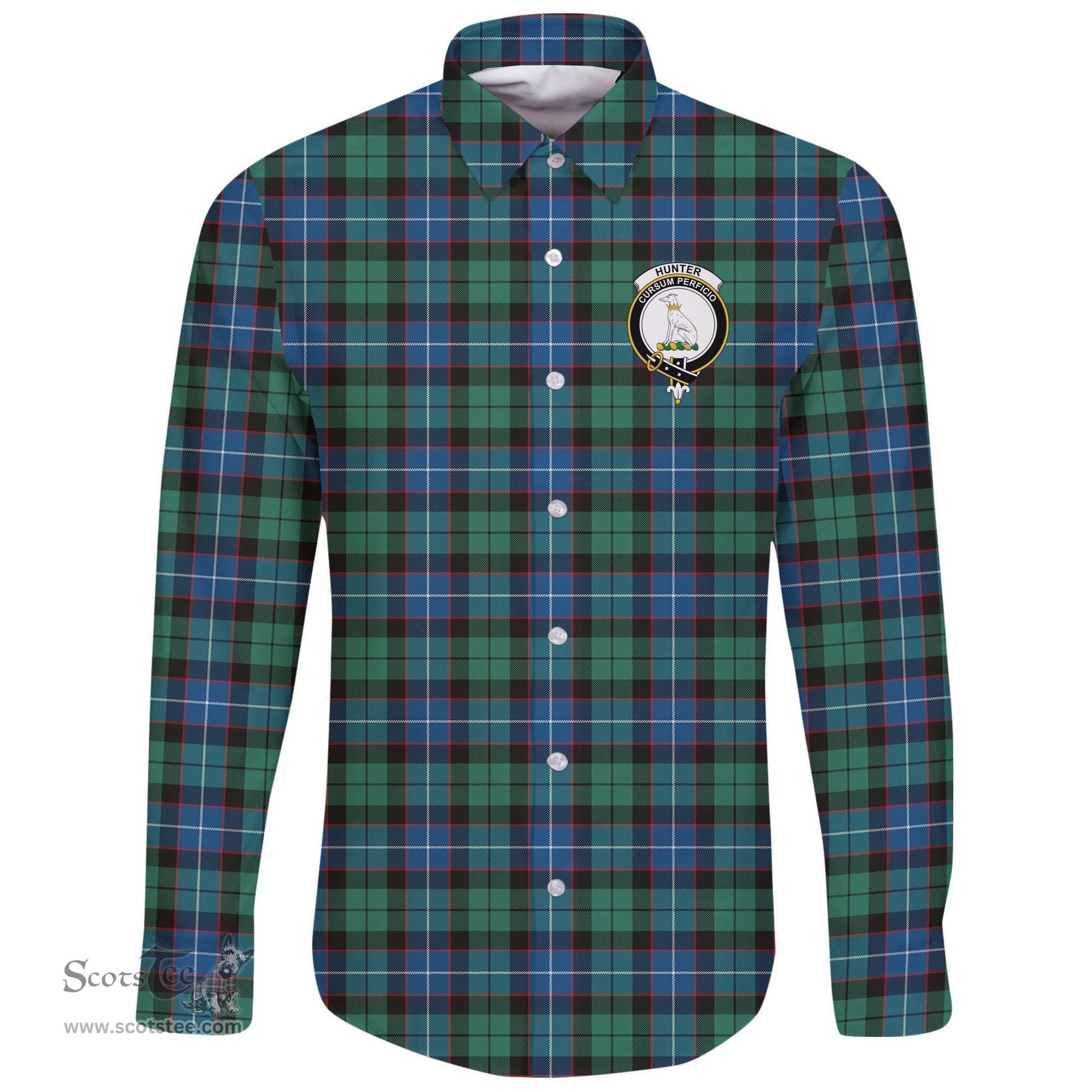 Scottish Hunter Ancient Clan Tartan Long Sleeve Button Shirt - Crest Classic Scottish Plaid Tartan Plaid