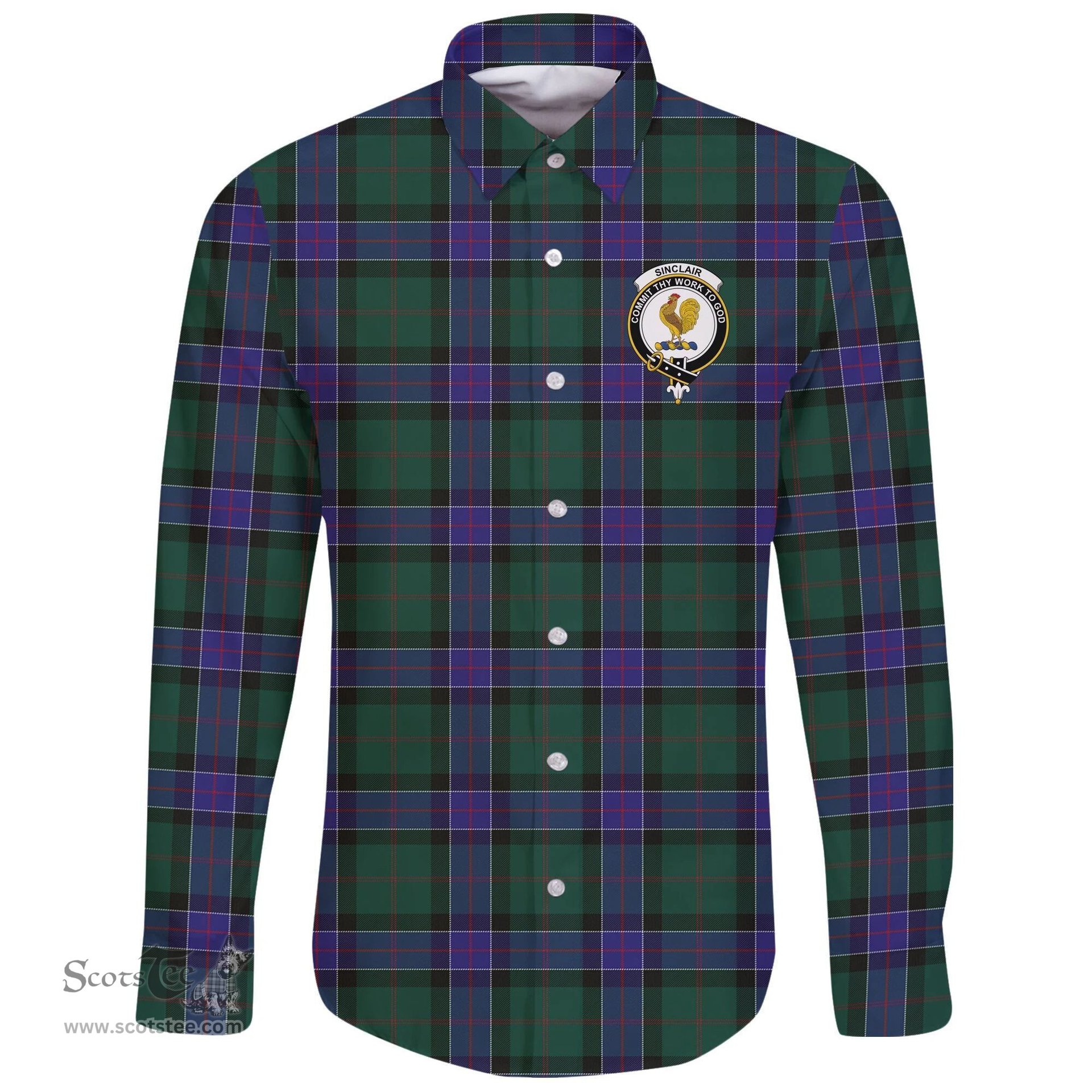 Scottish Sinclair Hunting Modern Clan Tartan Long Sleeve Button Shirt - Crest Classic Scottish Plaid Tartan Plaid