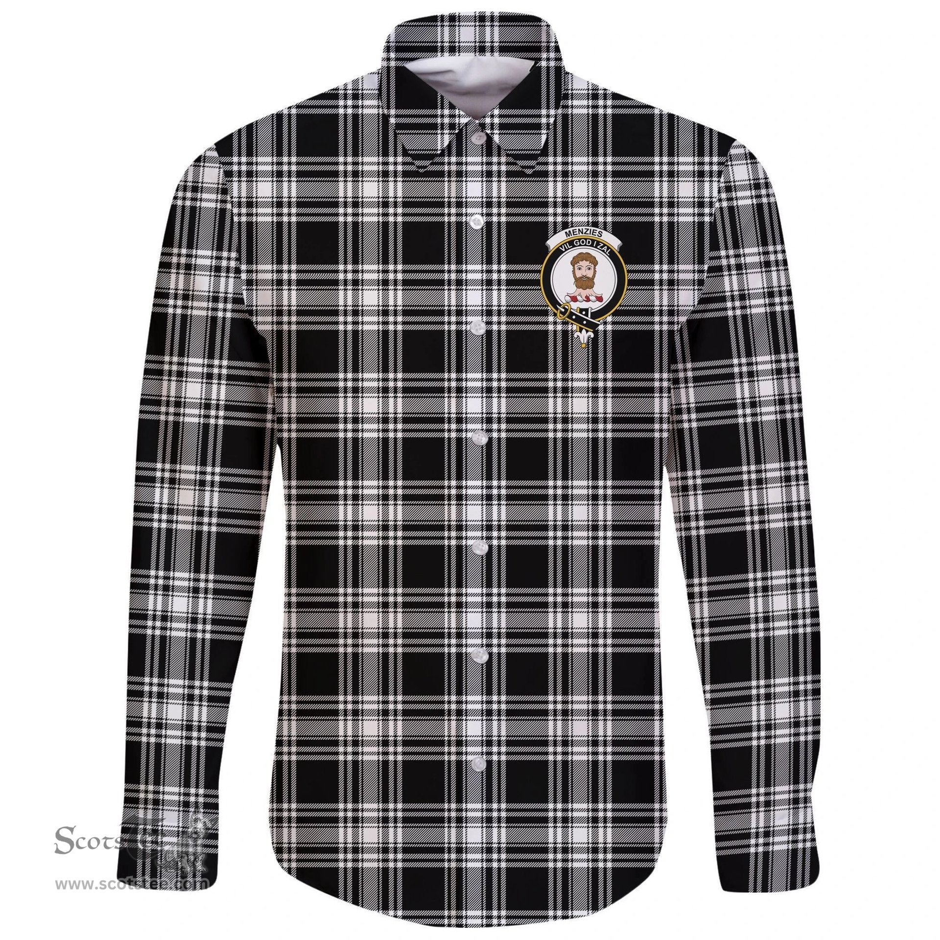 Scottish Menzies Black & White Modern Clan Tartan Long Sleeve Button Shirt - Crest Classic Scottish Plaid Tartan Plaid