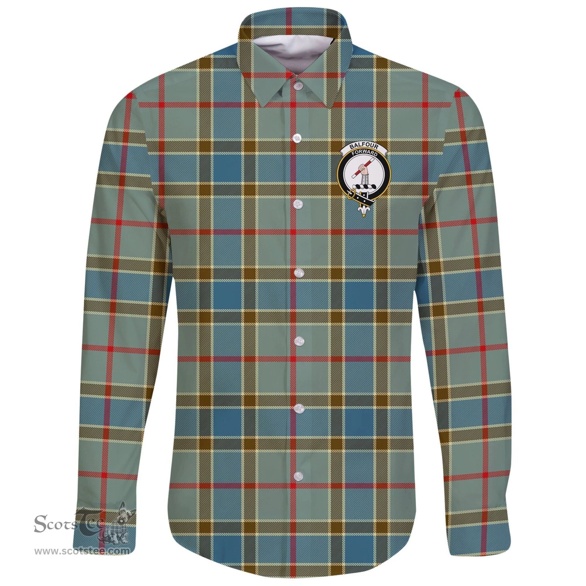 Scottish Balfour Blue Clan Tartan Long Sleeve Button Shirt - Crest Classic Scottish Plaid Tartan Plaid