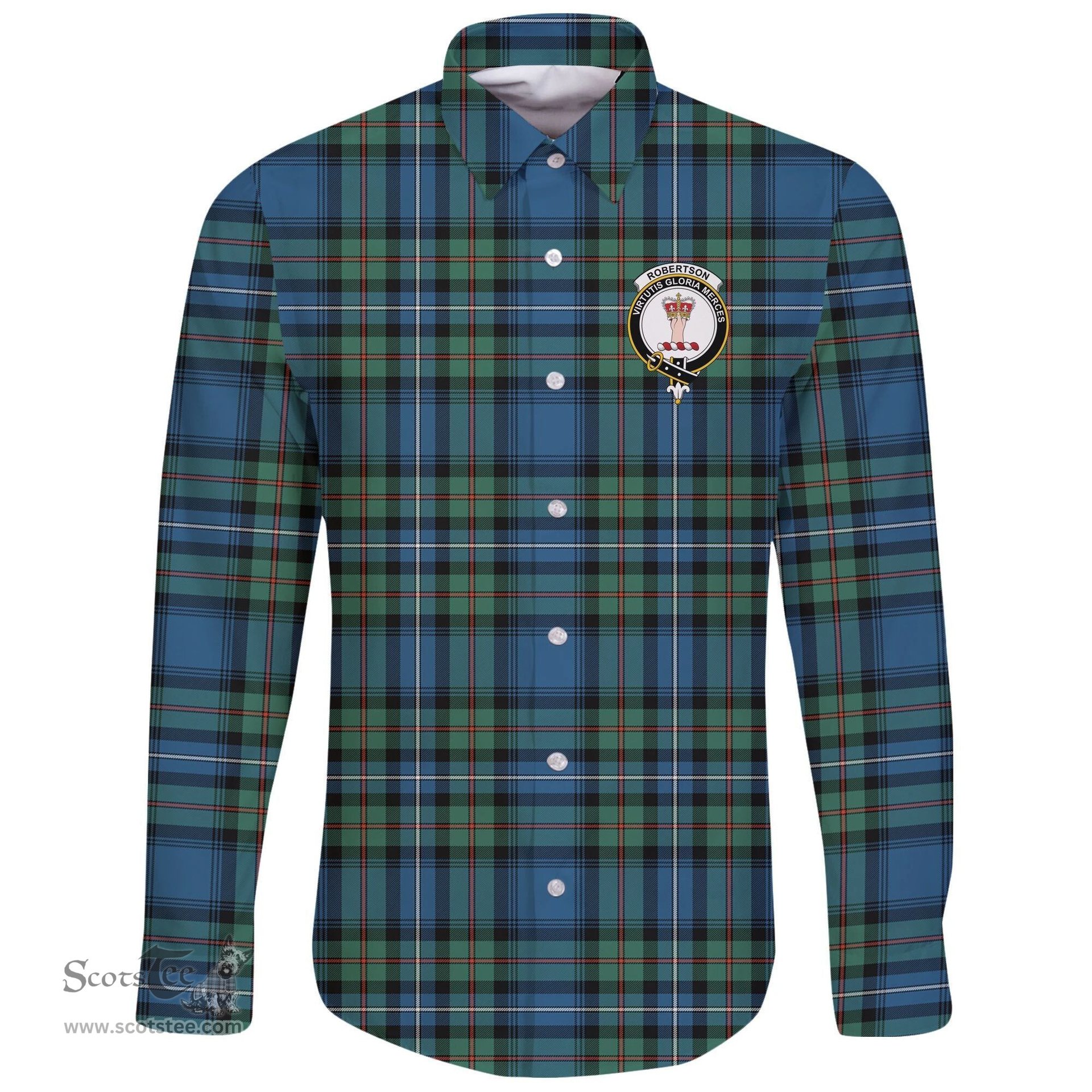 Scottish Robertson Hunting Ancient Clan Tartan Long Sleeve Button Shirt - Crest Classic Scottish Plaid Tartan Plaid