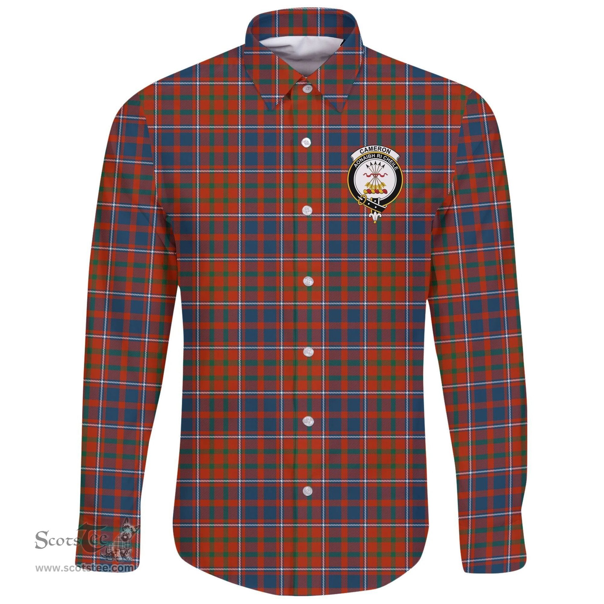 Scottish Cameron of Lochiel Ancient Clan Tartan Long Sleeve Button Shirt - Crest Classic Scottish Plaid Tartan Plaid