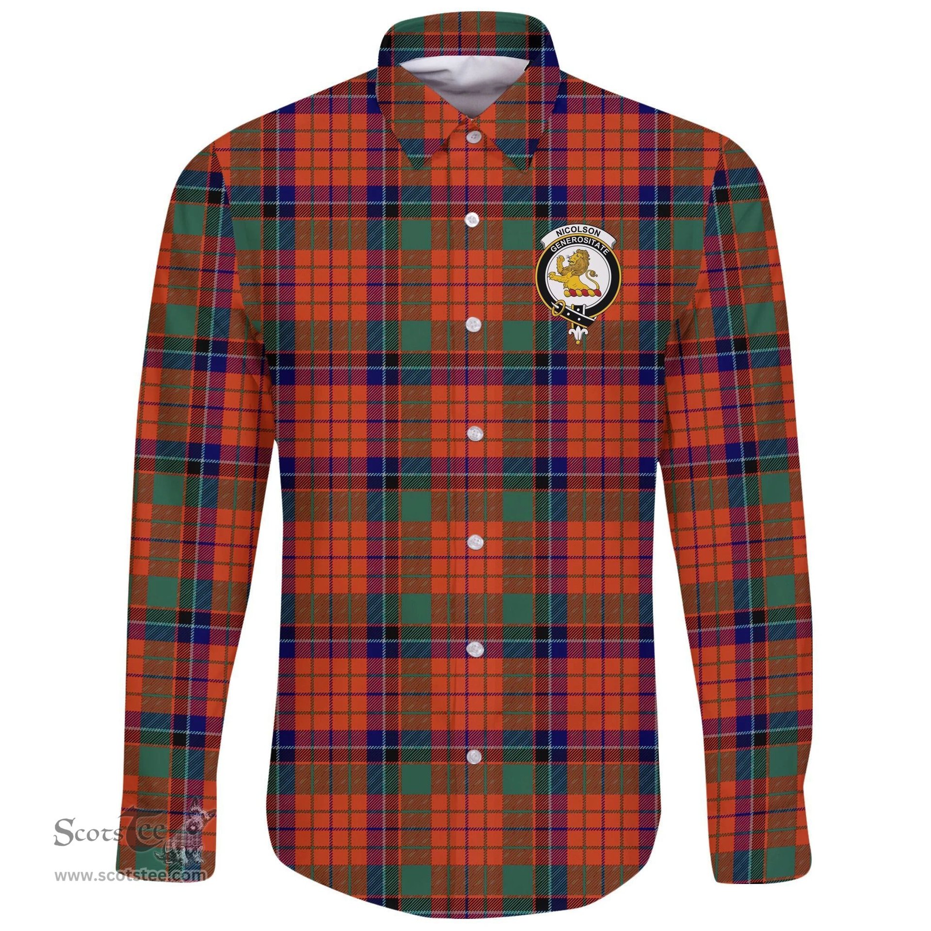 Scottish Nicolson Ancient Clan Tartan Long Sleeve Button Shirt - Crest Classic Scottish Plaid Tartan Plaid