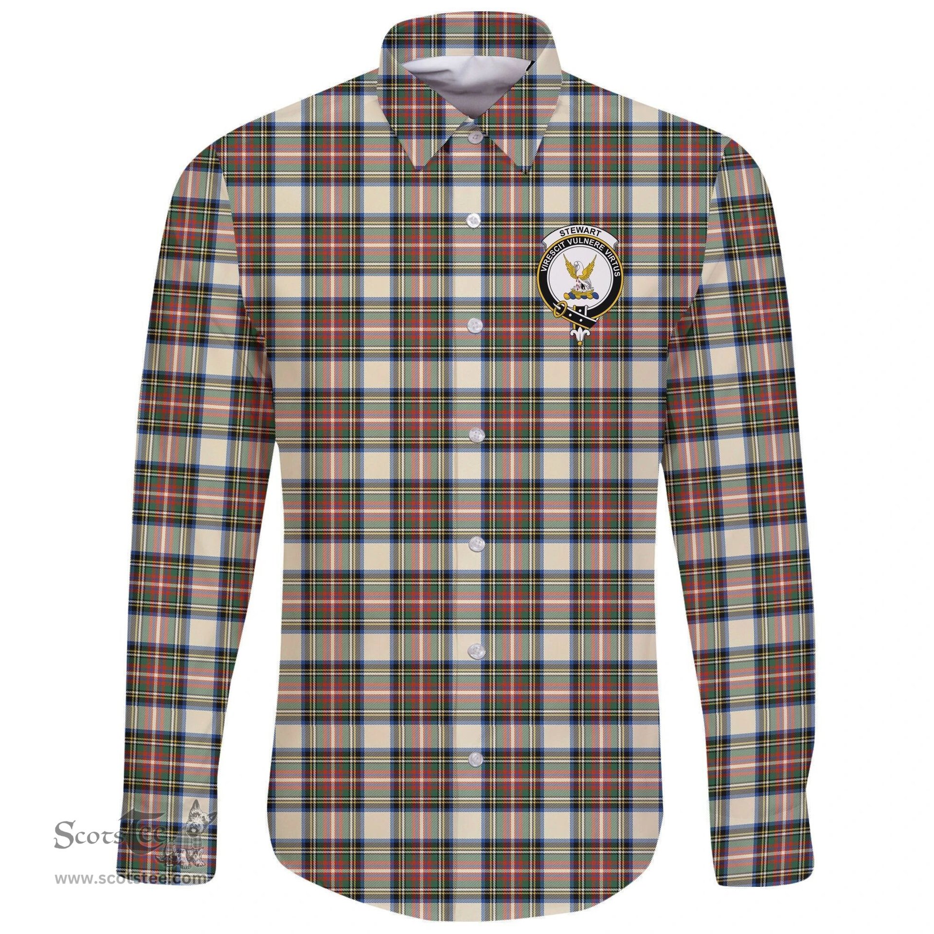 Scottish Stewart Dress Ancient Clan Tartan Long Sleeve Button Shirt - Crest Classic Scottish Plaid Tartan Plaid