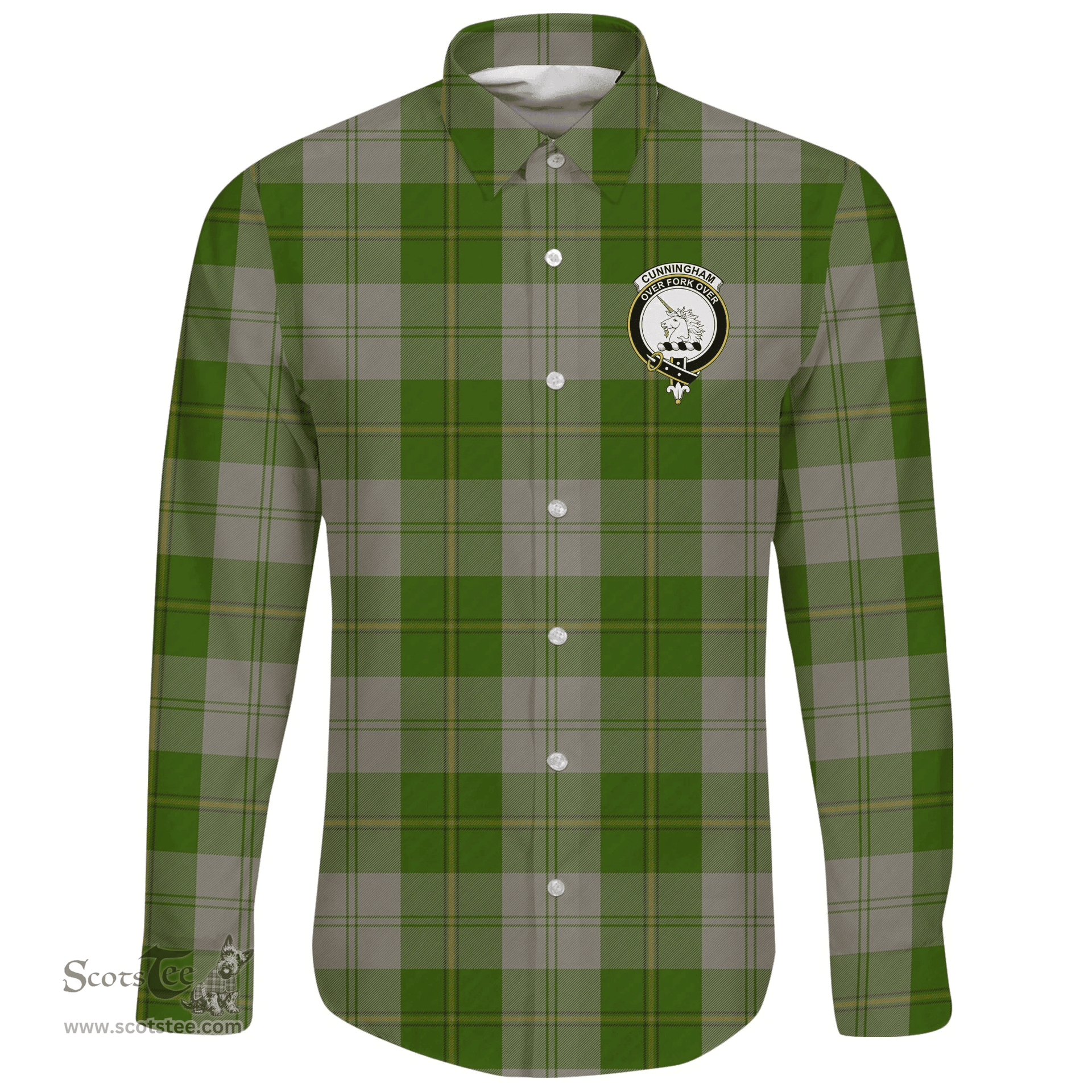 Scottish Cunningham Dress Green Dancers Clan Tartan Long Sleeve Button Shirt - Crest Classic Scottish Plaid Tartan Plaid