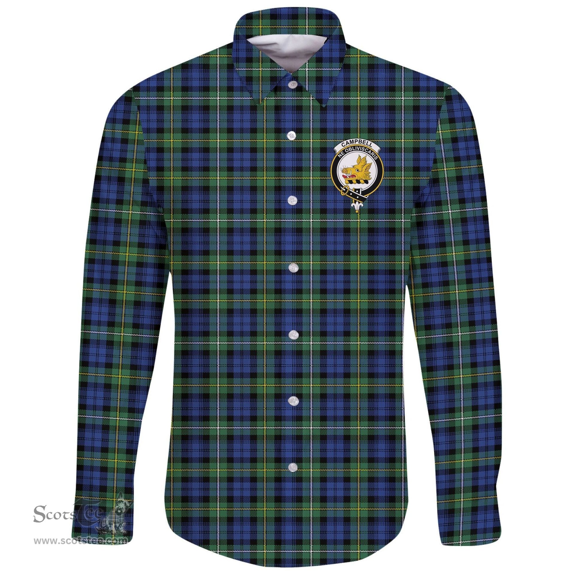 Scottish Campbell Argyll Ancient Clan Tartan Long Sleeve Button Shirt - Crest Classic Scottish Plaid Tartan Plaid
