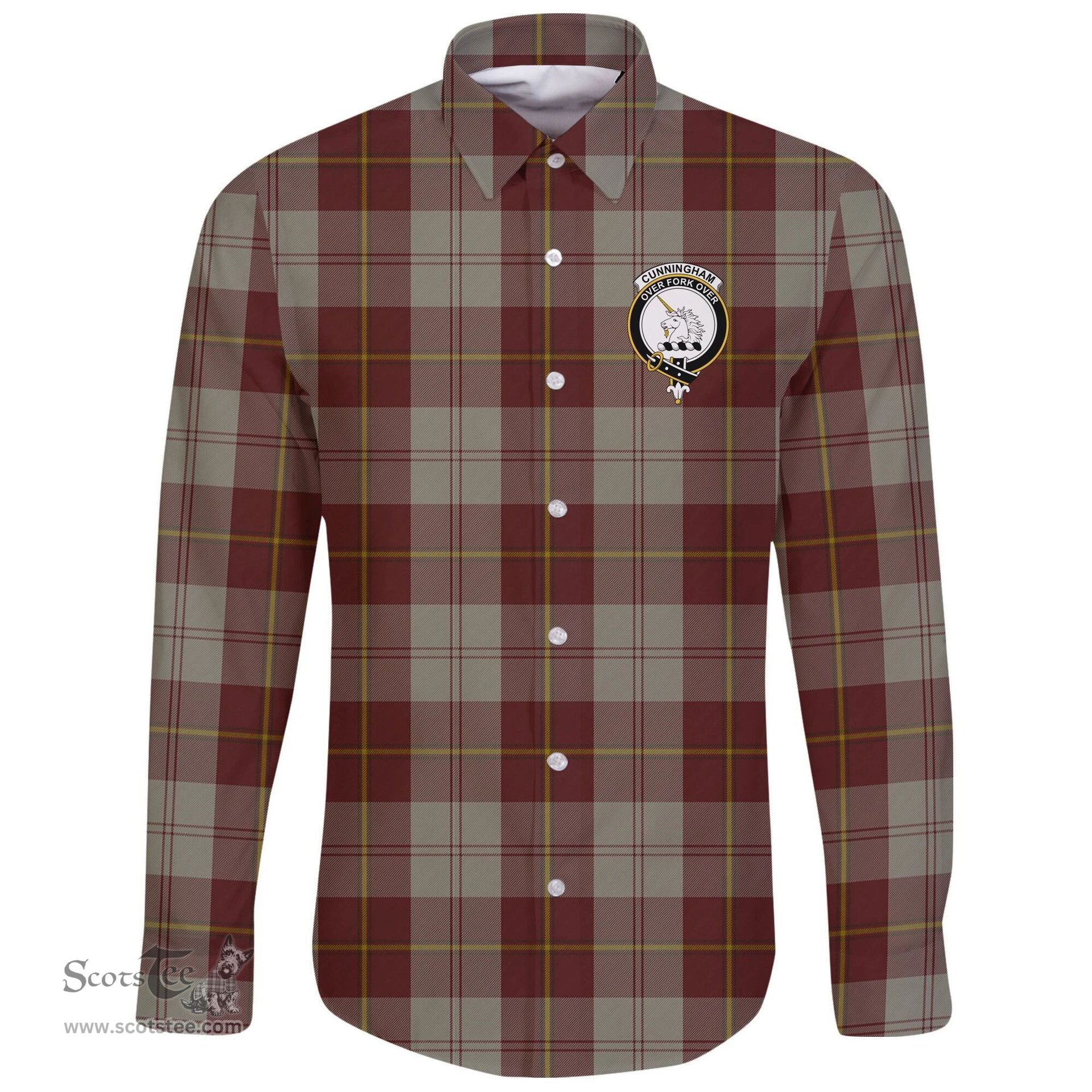 Scottish Cunningham Burgundy Dancers Clan Tartan Long Sleeve Button Shirt - Crest Classic Scottish Plaid Tartan Plaid