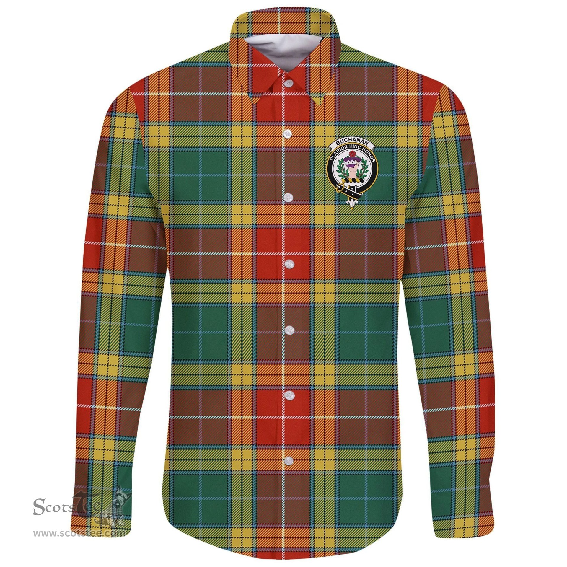 Scottish Buchanan Old Sett Clan Tartan Long Sleeve Button Shirt - Crest Classic Scottish Plaid Tartan Plaid