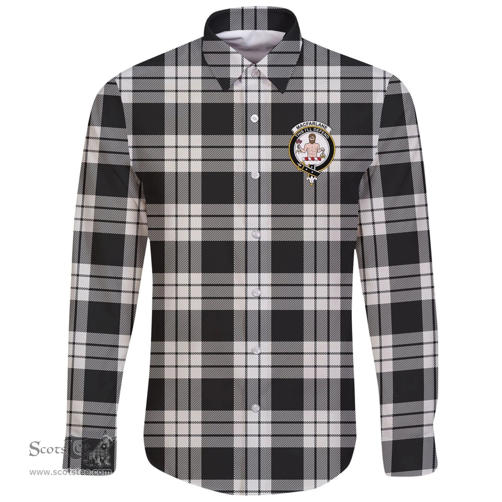 Scottish MacFarlane Black & White Ancient Clan Tartan Long Sleeve Button Shirt - Crest Classic Scottish Plaid Tartan Plaid