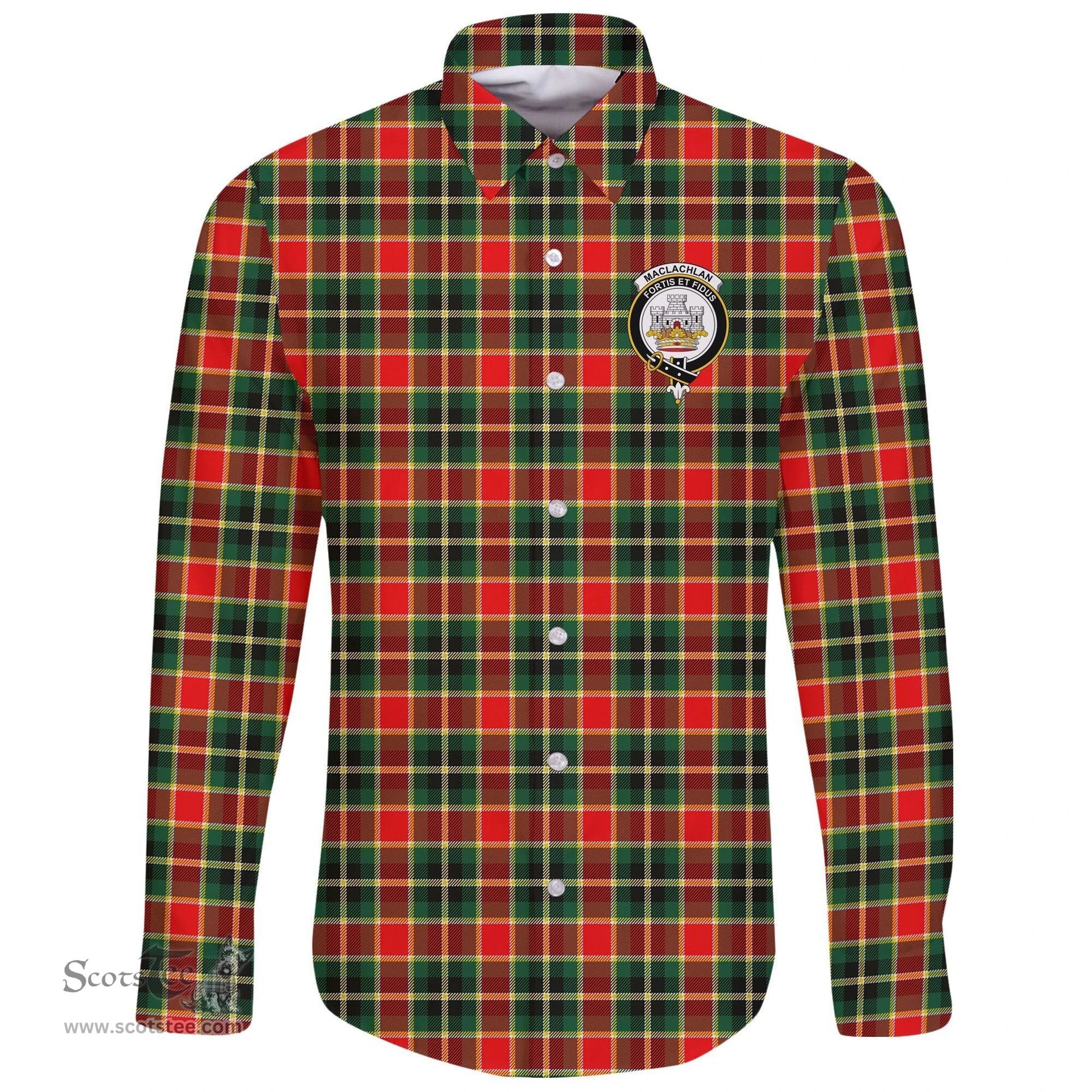 Scottish MacLachlan Hunting Modern Clan Tartan Long Sleeve Button Shirt - Crest Classic Scottish Plaid Tartan Plaid