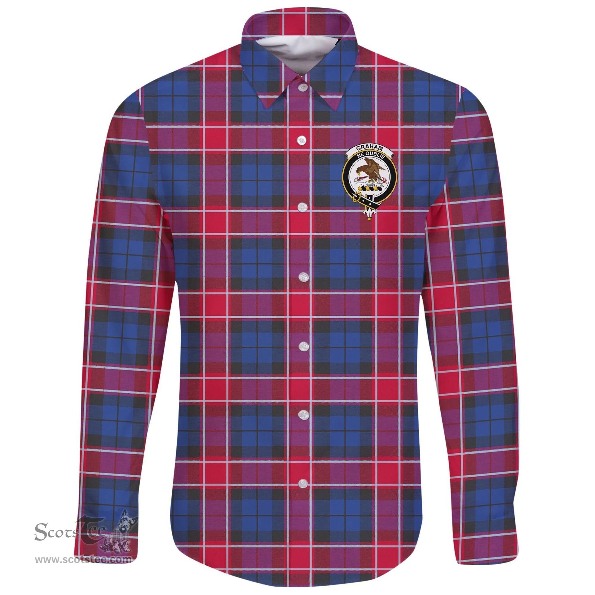 Scottish Graham of Menteith Red Clan Tartan Long Sleeve Button Shirt - Crest Classic Scottish Plaid Tartan Plaid