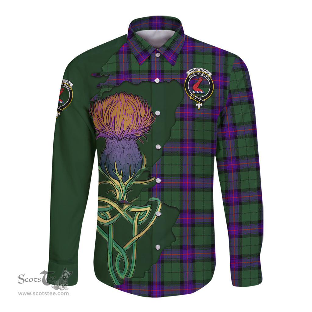 Scottish Armstrong Modern Clan Tartan Crest with Thistle and Scotland Map Tartan Long Sleeve Shirt Scottish Plaid Tartan Plaid - ScotsTee - scotstee.com