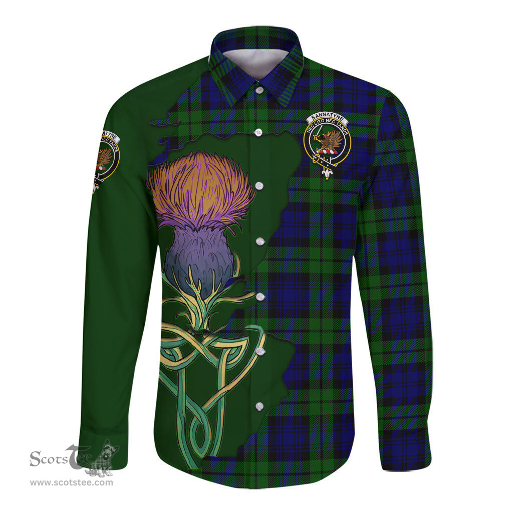 Scottish Bannatyne Clan Tartan Crest with Thistle and Scotland Map Tartan Long Sleeve Shirt Scottish Plaid Tartan Plaid - ScotsTee - scotstee.com