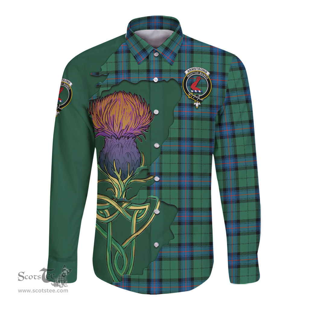Scottish Armstrong Ancient Clan Tartan Crest with Thistle and Scotland Map Tartan Long Sleeve Shirt Scottish Plaid Tartan Plaid - ScotsTee - scotstee.com