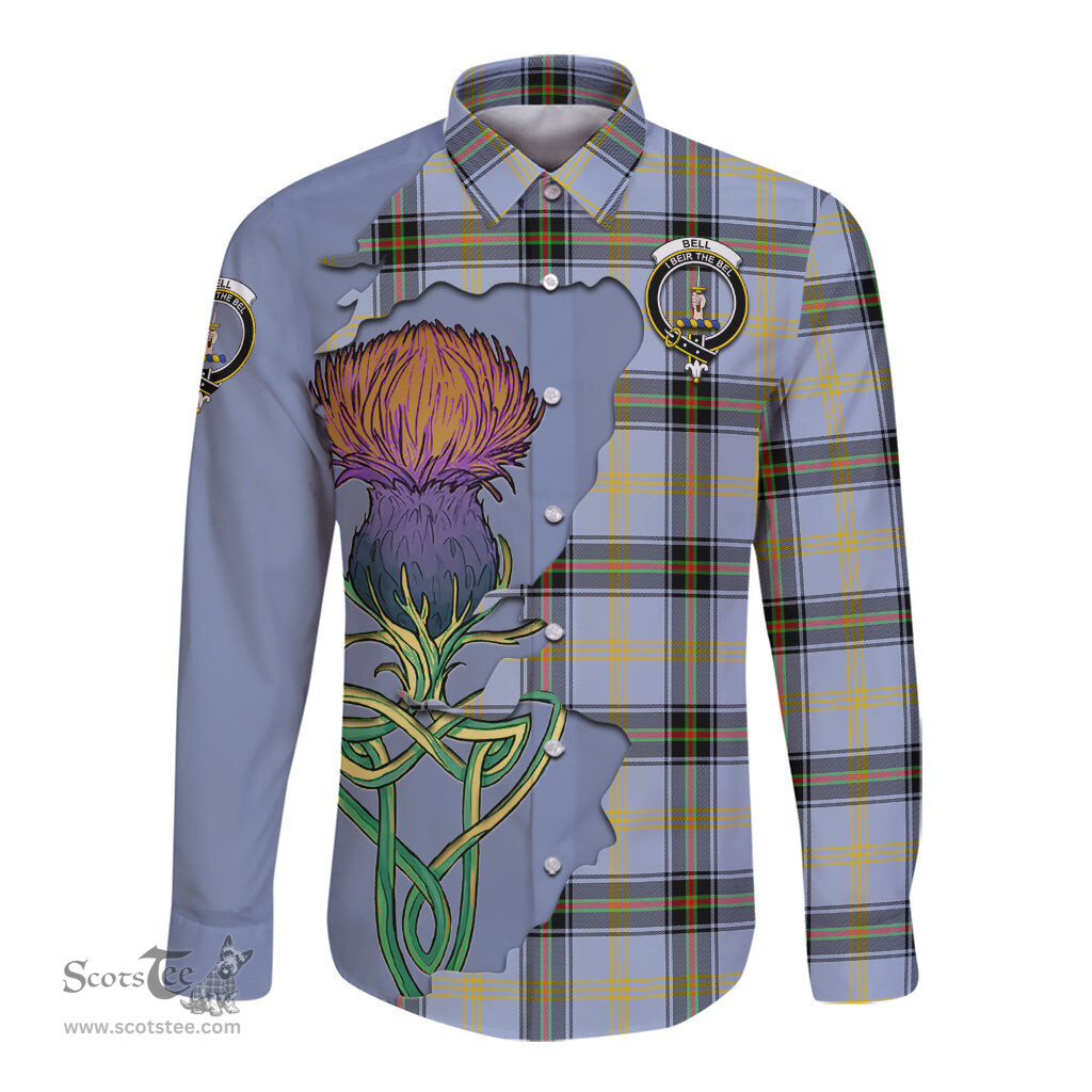 Scottish Bell Clan Tartan Crest with Thistle and Scotland Map Tartan Long Sleeve Shirt Scottish Plaid Tartan Plaid - ScotsTee - scotstee.com