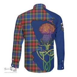 Scottish Bethune Clan Tartan Crest with Thistle and Scotland Map Tartan Long Sleeve Shirt Scottish Plaid Tartan Plaid - ScotsTee - scotstee.com