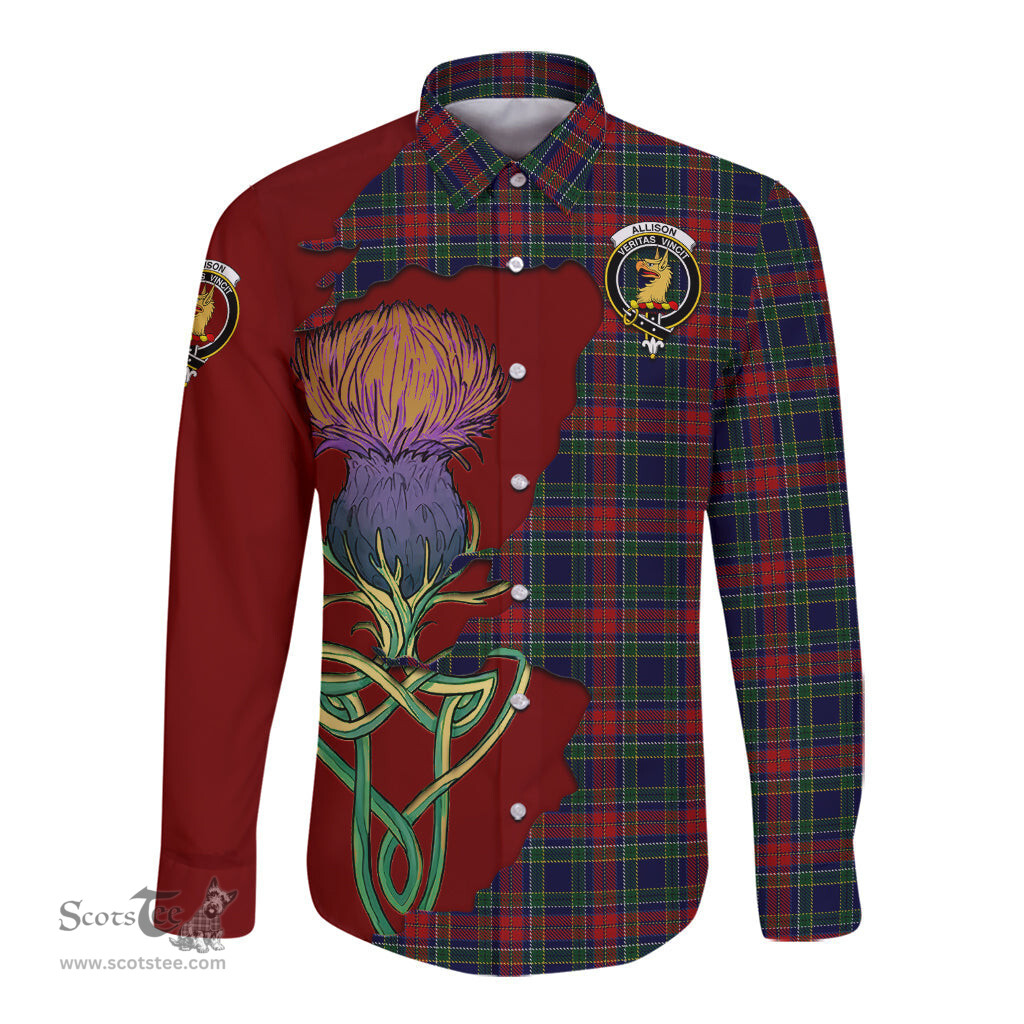 Scottish Allison Red Clan Tartan Crest with Thistle and Scotland Map Tartan Long Sleeve Shirt Scottish Plaid Tartan Plaid - ScotsTee - scotstee.com