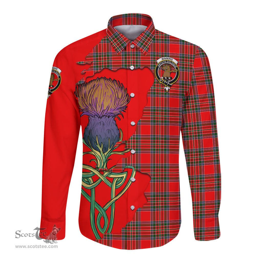 Scottish Binning Clan Tartan Crest with Thistle and Scotland Map Tartan Long Sleeve Shirt Scottish Plaid Tartan Plaid - ScotsTee - scotstee.com