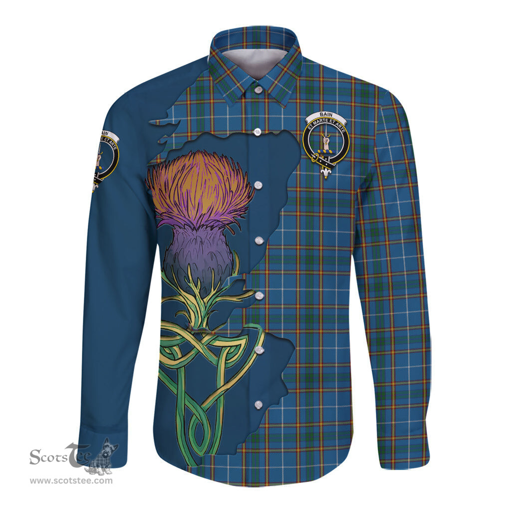 Scottish Bain Clan Tartan Crest with Thistle and Scotland Map Tartan Long Sleeve Shirt Scottish Plaid Tartan Plaid - ScotsTee - scotstee.com