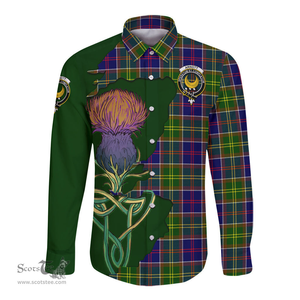Scottish Arnott Clan Tartan Crest with Thistle and Scotland Map Tartan Long Sleeve Shirt Scottish Plaid Tartan Plaid - ScotsTee - scotstee.com