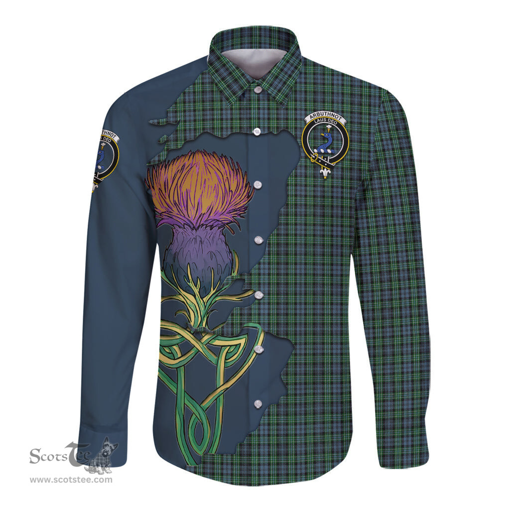 Scottish Arbuthnot Clan Tartan Crest with Thistle and Scotland Map Tartan Long Sleeve Shirt Scottish Plaid Tartan Plaid - ScotsTee - scotstee.com
