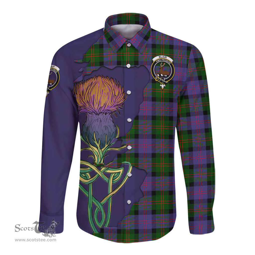 Scottish Blair Modern Clan Tartan Crest with Thistle and Scotland Map Tartan Long Sleeve Shirt Scottish Plaid Tartan Plaid - ScotsTee - scotstee.com