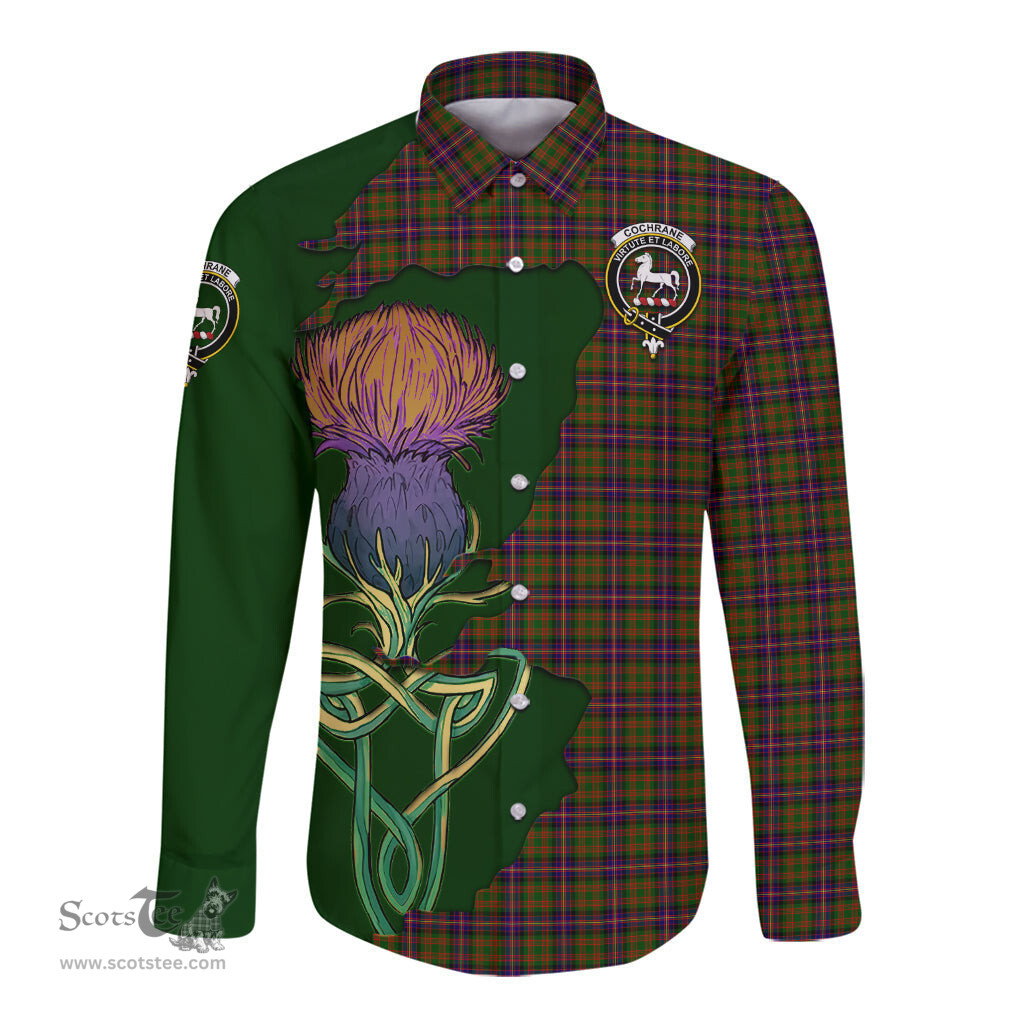 Scottish Cochrane Modern Clan Tartan Crest with Thistle and Scotland Map Tartan Long Sleeve Shirt Scottish Plaid Tartan Plaid - ScotsTee - scotstee.com