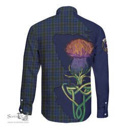 Scottish Cockburn Blue Clan Tartan Crest with Thistle and Scotland Map Tartan Long Sleeve Shirt Scottish Plaid Tartan Plaid - ScotsTee - scotstee.com