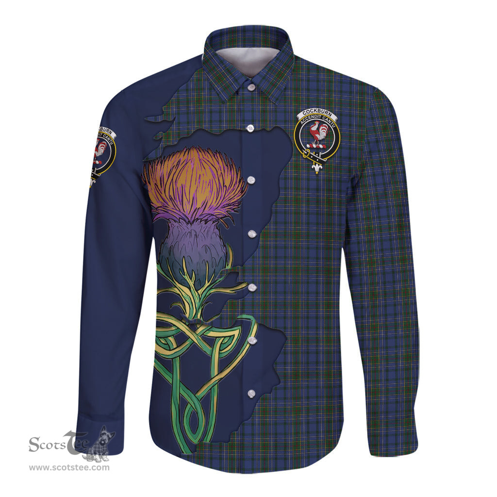 Scottish Cockburn Blue Clan Tartan Crest with Thistle and Scotland Map Tartan Long Sleeve Shirt Scottish Plaid Tartan Plaid - ScotsTee - scotstee.com
