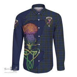 Scottish Cockburn Blue Clan Tartan Crest with Thistle and Scotland Map Tartan Long Sleeve Shirt Scottish Plaid Tartan Plaid - ScotsTee - scotstee.com