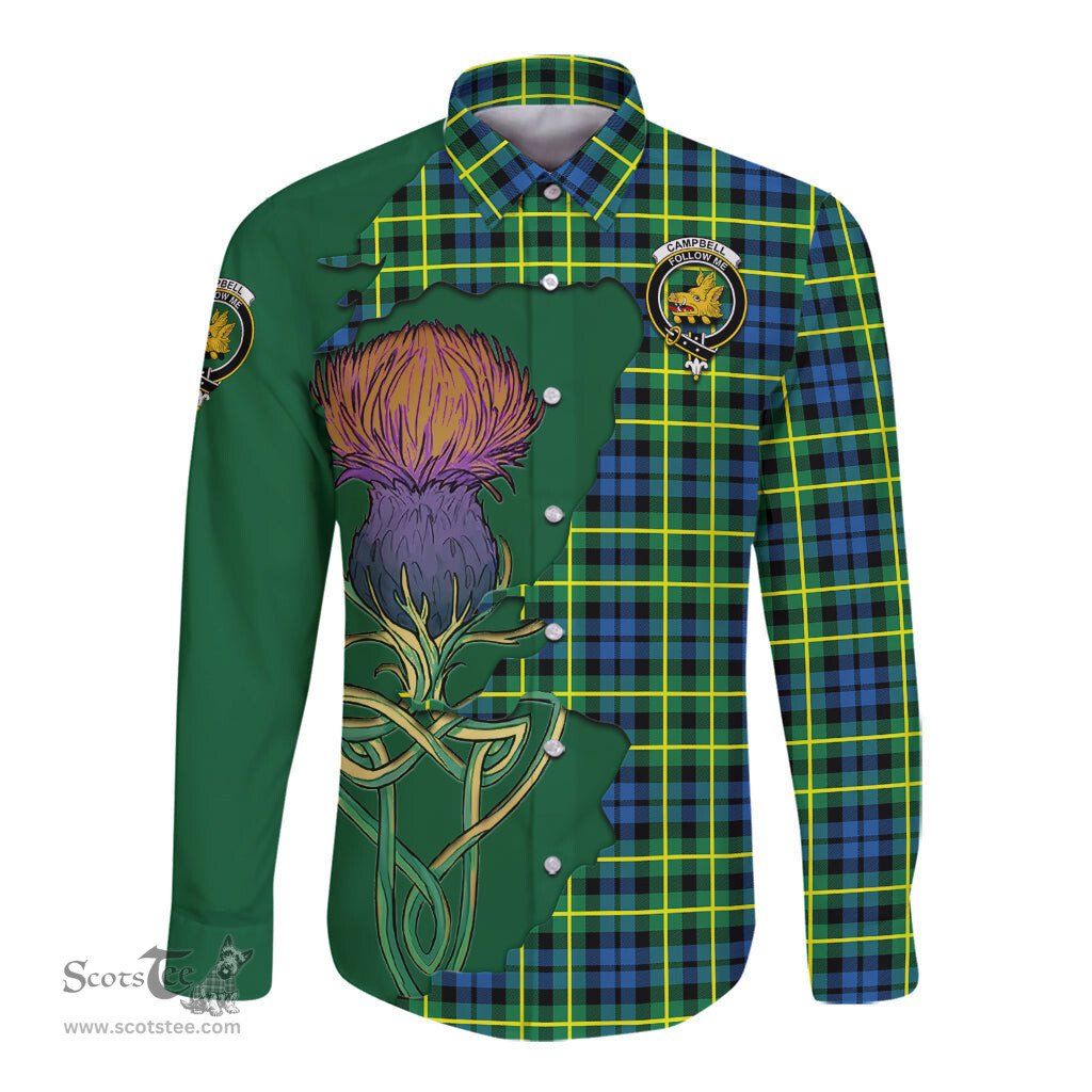 Scottish Campbell of Breadalbane Ancient Clan Tartan Crest with Thistle and Scotland Map Tartan Long Sleeve Shirt Scottish Plaid Tartan Plaid - ScotsTee - scotstee.com