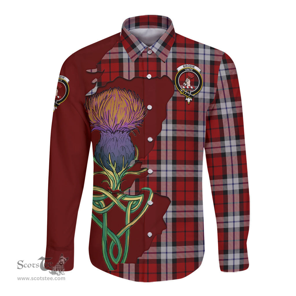 Scottish Brodie Dress Clan Tartan Crest with Thistle and Scotland Map Tartan Long Sleeve Shirt Scottish Plaid Tartan Plaid - ScotsTee - scotstee.com